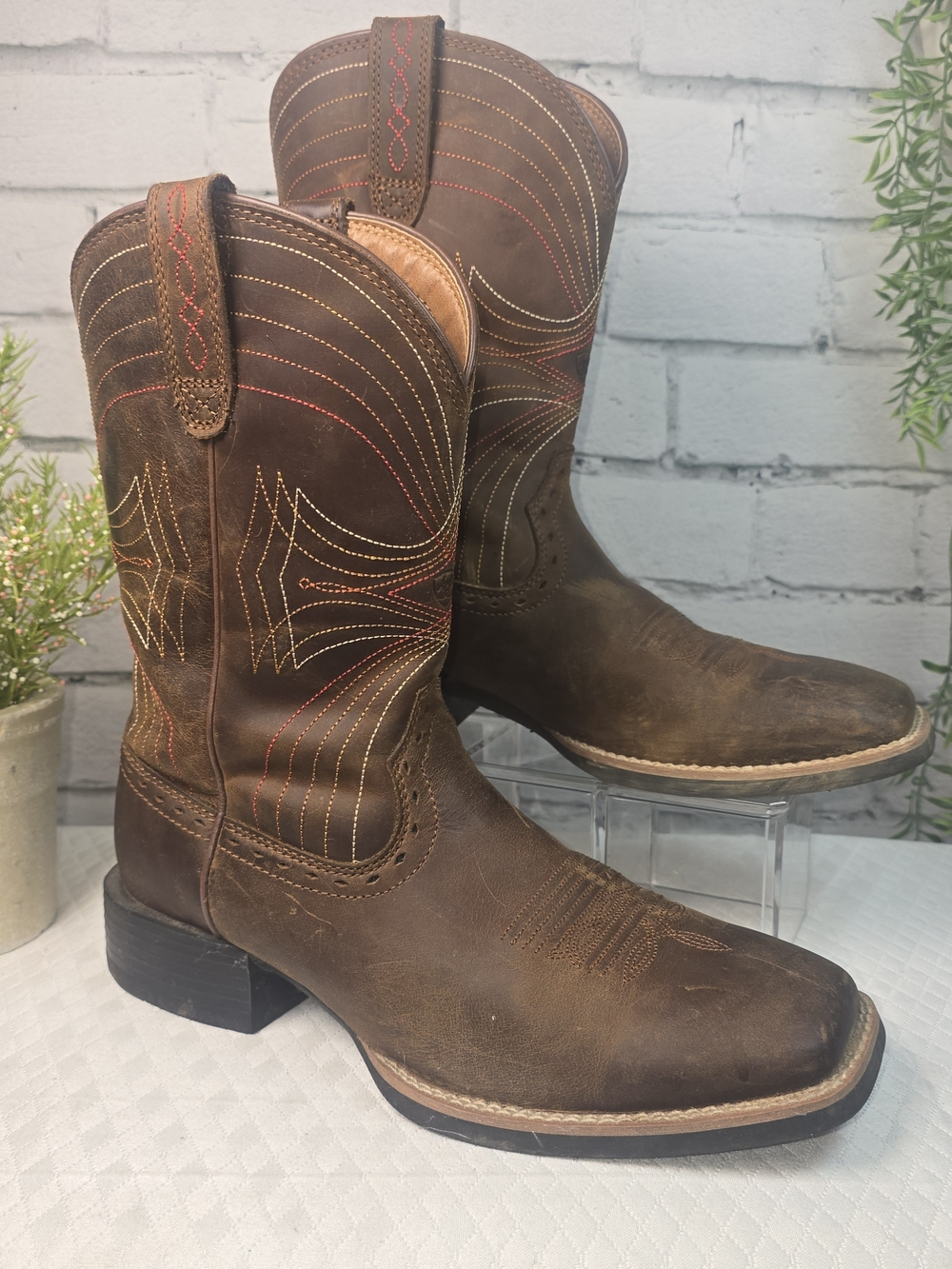ARIAT MENS WIDE SQUARE TOE BROWN DISTRESSED WESTERN BOOTS COWBOY SIZE 9D
